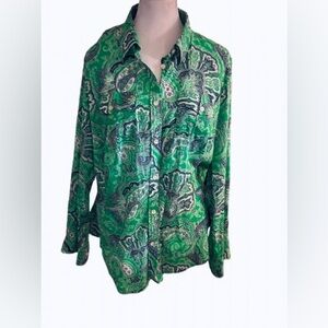 1X Ralph Lauren 100% Cotton Green Paisley Cotton Blouse Shirt Top Designer